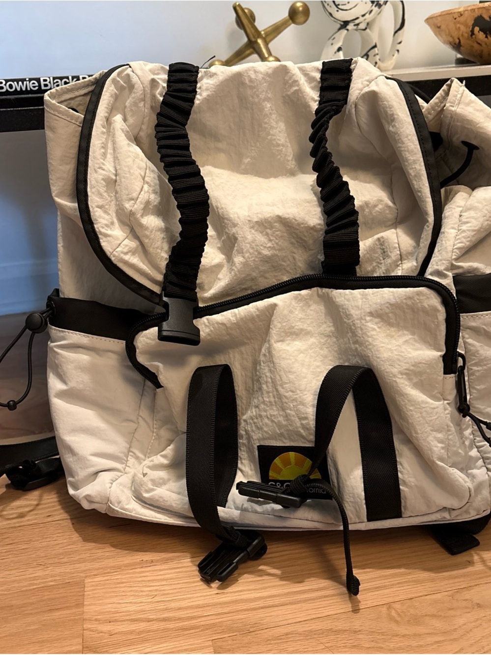 C&C California Cream and Black Roll-Top Backpack with Front Zip Pocket